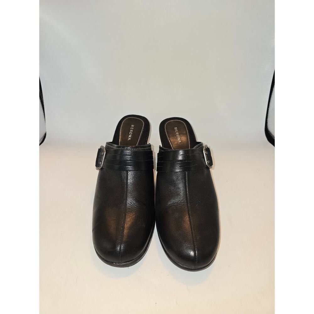 Merona Women's Mules Heels Black Leather Slip On Strap Buckle 11